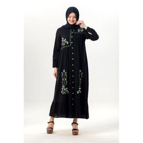 Uzun Kol Neşe Nakış Detaylı Boydan Düğmeli Yazlık Şile Bezi Uzun Elbise Siyah Syh