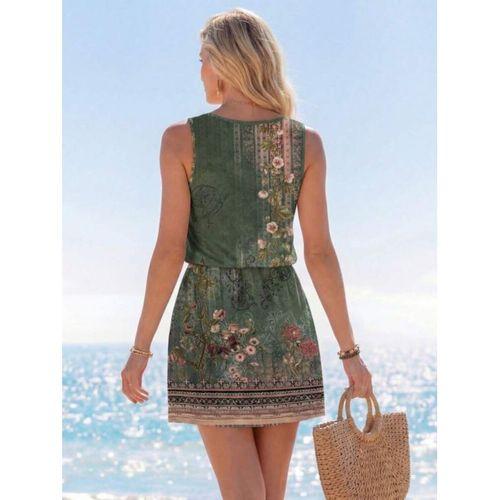 Kadın Askılı Yuvarlak Yakalı Beli Kusaklı çiçek Desenli Kısa Süprem Elbise