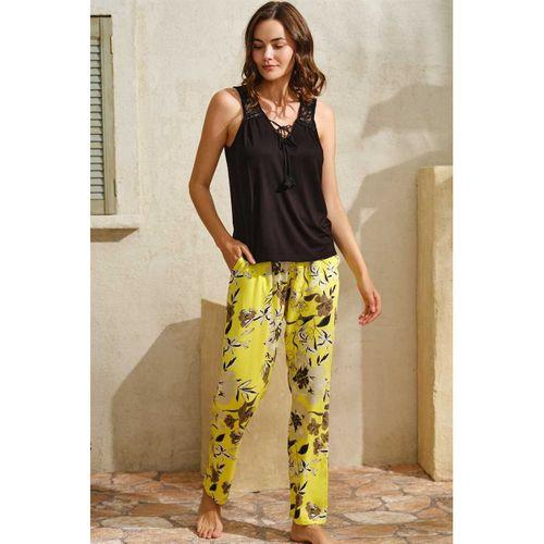 Sıfır Kol V Yaka Viskon Çiçek Desenli Yazlık Uzun Uzun Paçalı Dantel Detaylı Pijama Takımı