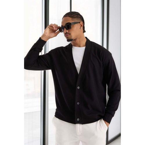 Potter Dokulu Selanik Kumaş Oversize Basic 3 Düğmeli Erkek Hırka - Siyah