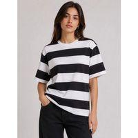 Çizgili Oversize Tişört Bisiklet Yaka Kısa Kol Yazlık T-Shirt - Siyah