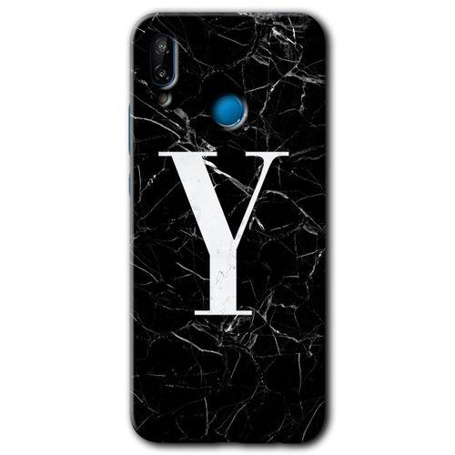 MRCİLETİSİM Huawei P20 Lite Kılıf HD Desen Baskılı Arka Kapak + Temperli Cam - Siyah Mermer Desenli Y Harfi