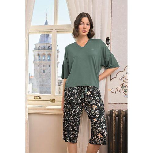 Çiçek Ve Yaprak Desenli V Yaka Büyük Beden Kapri Takımı