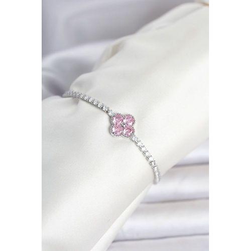 Pirinç Gümüş Renk Pembe Zirkon Taşlı Yonca Model Su Yolu Kadın Bileklik