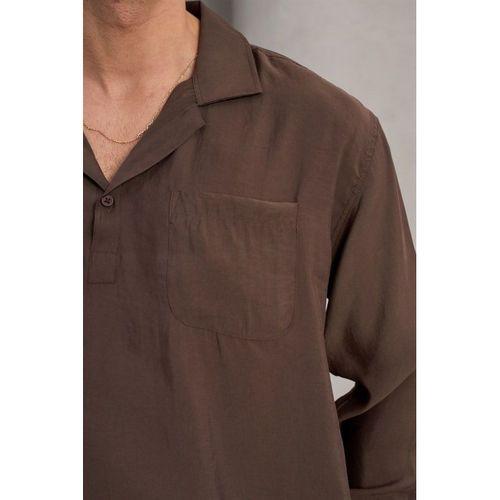 Sartre Apaş Yaka Tek Cepli İnce Modal Kumaş Oversize Uzun Kollu Yazlık Gömlek - Kahve