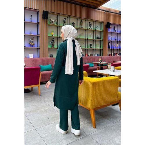 Dik Yaka Kısa Fermuarlı Yırtmaçlı Sade Basic Uzun Tunik ve Pantolon İkili Spor Takım - 03062.021 - Nefti