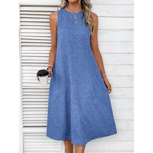 Kadın Kolsuz Bisiklet Yaka Cepli Midi Keten Elbise