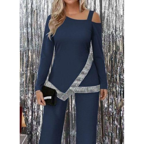 Kadın Tek Omuzdan Açık Uzun Kollu önü Pulpayet Ithal Krep Bluz Ve Pantolon