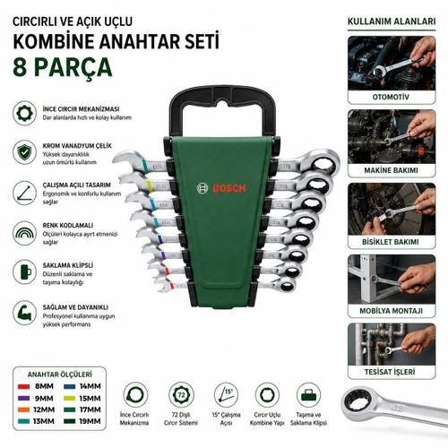 8 Parça 8-19 mm Kombine Anahtar Takımı (Plastik Standlı, Taşıma Aparatlı)