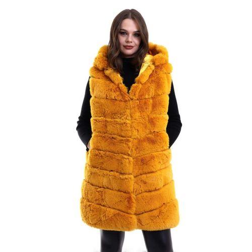 Kapşonlu Peluş Kürk Yelek Premium Kalite, Tam Astarlı, Uzun Model - Sarı
