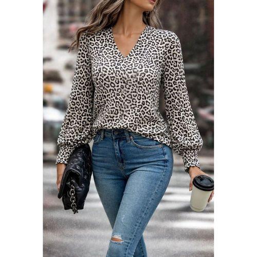 Kadın Uzun Kollu V Yaka Kollar Gipe Detaylı Leopar Desenli Süprem Bluz