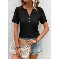 Kadın Kısa Kollu V Yakalı önden Düğmeli Dantel Detaylı Waffle Bluz