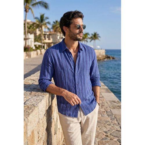 Ralph Çizgi Desenli Yumuşak Dokulu Rahat Kalıp Yazlık Erkek Gömlek - Lacivert