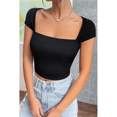 Kadın Siyah Modern Fit Kare Yaka Yarım Kol Göğüs Dekolteli Crop Top Bluz