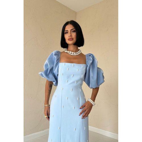 Bebe Mavi İşlemeli Kolu Garnili Elbise