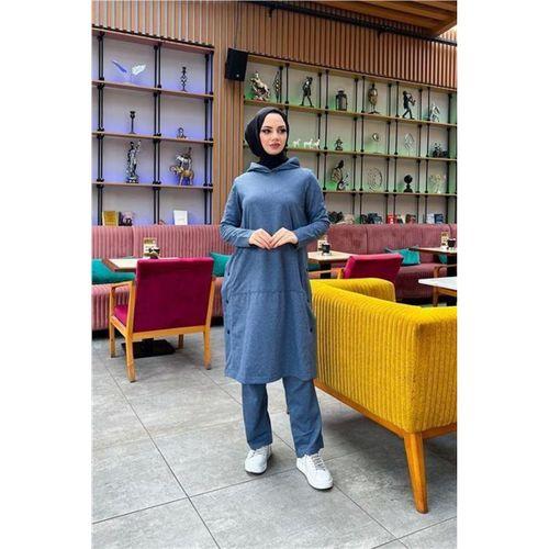 Kapşonlu Yandat Çıtçıtlı Sade Basic Uzun Tunik ve Pantolon İkili Spor Takım - 03071.006 - İndigo
