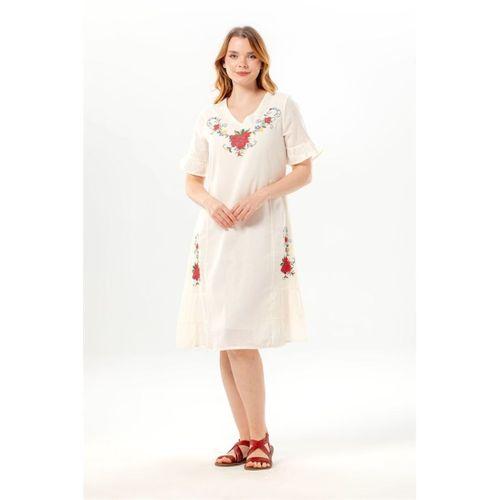 Kısa Kol İrem Nakış Detaylı Midi Boy Yazlık Şile Bezi Elbise Krem Krm