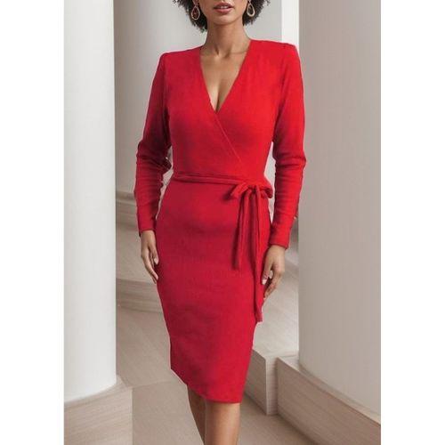 Kadın Uzun Kollu Kruvaze Yaka Bağcık Detay Akrilik Mini Boy Elbise