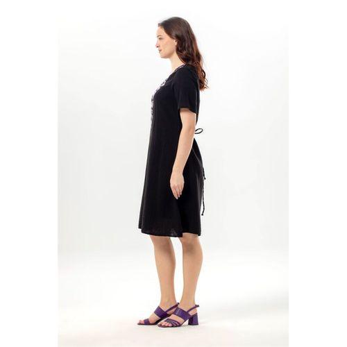 Kısa Kol Lidya Bisiklet Yaka Nakışlı Yazlık Kısa Müslin Elbise Siyah Syh