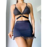 Siyah Mini Tül Detaylı Fantezi Elbise