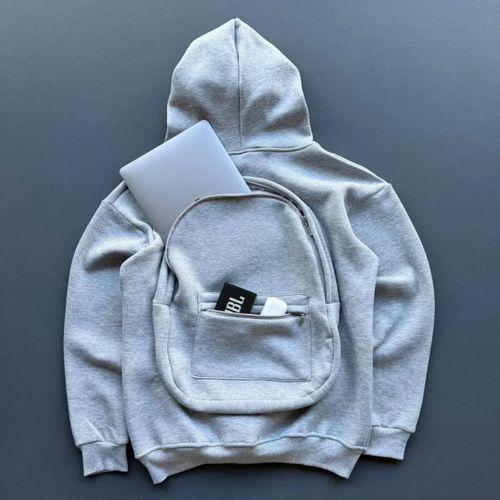 Erkek 3 İplik Şardonlu Tam Fermuarlı Kapüşonlu Arka Çanta Detaylı Sweatshirt - Gri