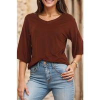 bvea store Kadın Moda Rahat Mevsimlik V Yaka Tişört Kahve