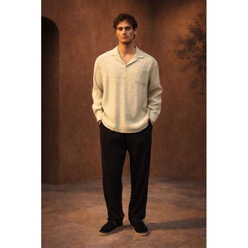 Sartre Apaş Yaka Tek Cepli İnce Modal Kumaş Oversize Uzun Kollu Yazlık Gömlek - Bej