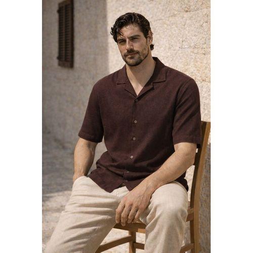 Doris Oversize Kalıp Odessa Kumaş Resort Yaka Kısa Kollu Erkek Gömlek - Kahve