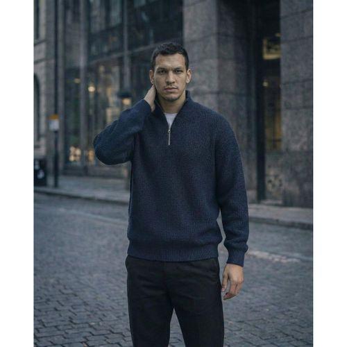 Nolan Oversize Selanik Örgü Yarım Fermuar Erkek Triko Kazak - İndigo