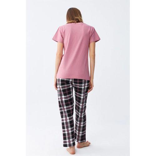 Kadın Somon Ayıcık Baskılı Ekoseli Penye Pijama Takımı