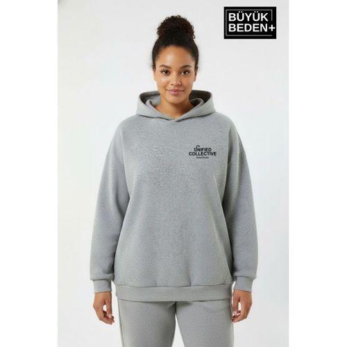 Kadın Büyük Beden Rahat Kalıp Hoodie -Unified Baskılı Kapüşonlu Sweatshirt SPR26BSWK968