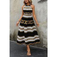 Kadın Kolsuz Boyundan Bağlamalı Beli Lastikli Dijital Baskı Süprem Uzun Elbise