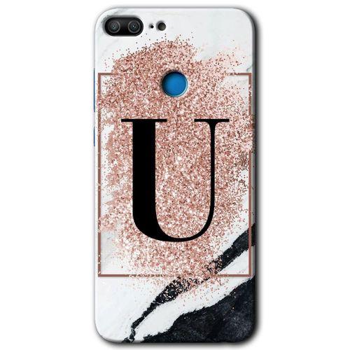 Honor 9 Lite Kılıf HD Desen Baskılı Arka Kapak - Pembe Mermer Desenli U Harfi + Kırılmaz Cam