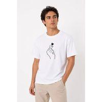 Erkek Kore Parmak Kalp Aşk Temalı Minimal Baskılı Tişört Yazlık Kısa Kol T-Shirt - Beyaz