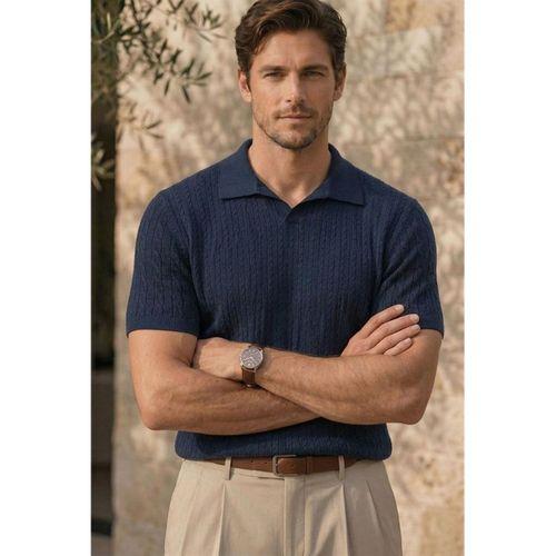 Nestor Saç Örgü Desenli Polo Yaka Regular Fit Örme İnce Triko Erkek T-Shirt - Lacivert
