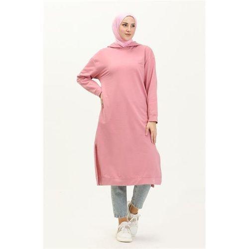 Atlas Kapşonlu Uzun Sade Basic Sweatshirt - 03007.014 - Pembe
