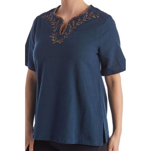 Şile Bezi Kısa Kol Petrol Nakışlı V Yaka Yazlık Otantik Bluz