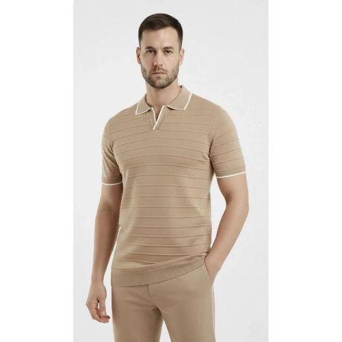 Erkek 2’li Paket Triko Yakalı Düğmesiz Açık Yaka Fitilli Kısa Kollu Regular Fit Tişört - Bej - Siyah