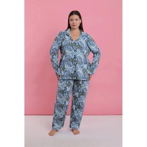 Kadın Büyük Beden Mavi Tropikal Desenli Düğmeli Pijama Takımı