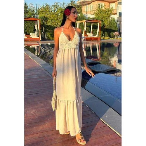 Göğsü Trikolu Keten Uzun Elbise 2904-08