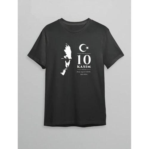10 Kasım Atatürk Anma Günü Silüet Baskılı Oversize Bisiklet Yaka T-shirt - Siyah