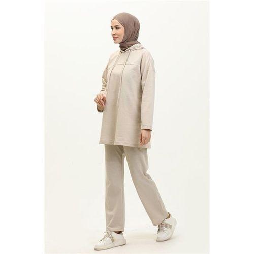 Kapşonlu Sweat Eşofman Sade Basic Spor Takım - 03056.027 - Ekru