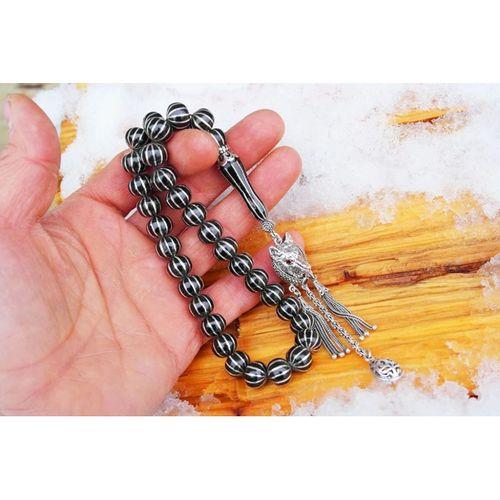 Oltu Taşı Basık  Model On İkili Karpuz Dilimi İşlemeli Tespih