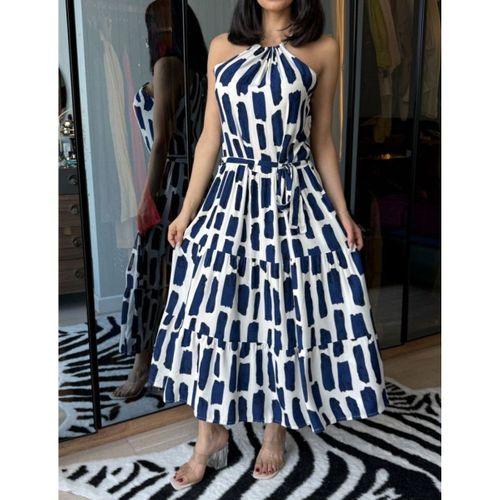 Kadın Viskon Kumaş Ip Askılı Halter Yaka Cepli Midi Boy Elbise