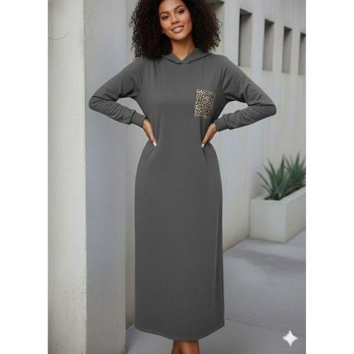 Kadın Uzun Kollu Kapşonlu Cep Detaylı Viskon Iki Iplik Maxi Elbise