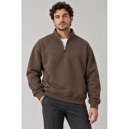 Erkek Üç İplik İçi Şardonlu Dik Yaka Yarım Fermuarlı Kışlık Sweatshirt - Kahverengi