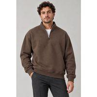 Erkek Üç İplik İçi Şardonlu Dik Yaka Yarım Fermuarlı Kışlık Sweatshirt - Kahverengi