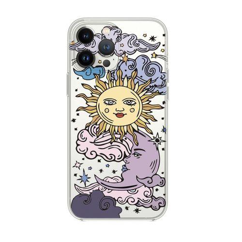 iPhone 14 Pro Uyumlu Güneş Ay Desenli Şeffaf Silikonlu Telefon Kılıfı