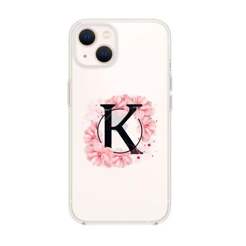 iPhone 13 Pembe Çiçek Desen K Harfli Premium Şeffaf Silikon Kılıf