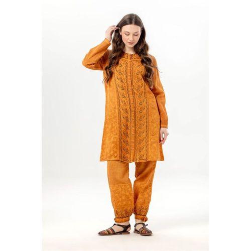 Uzun Katlanabilir Kol İnka Düğmeli Yazlık Otantik Nakışlı Poplin Tunik Hardal Hrd